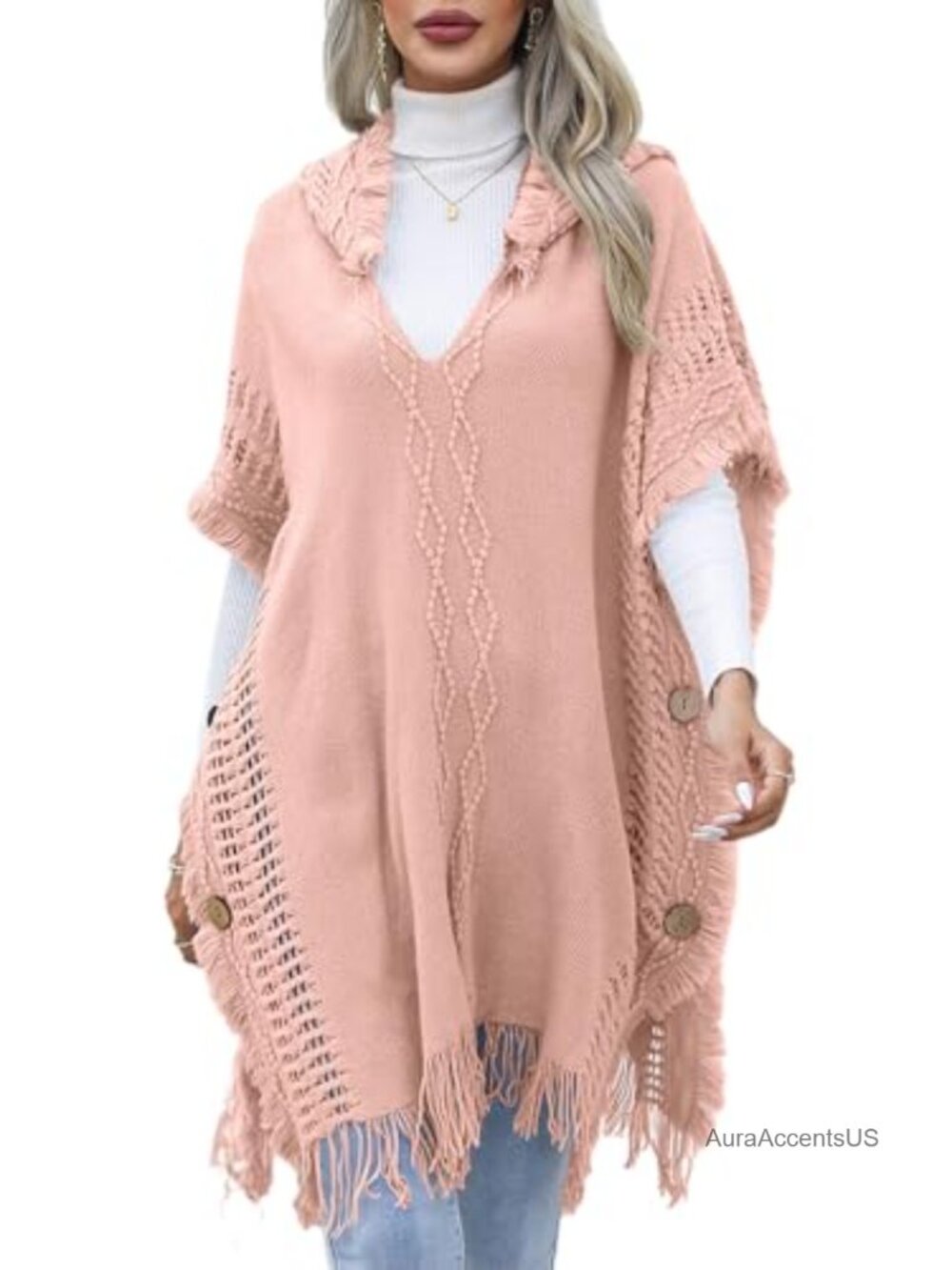 Bohemian Fringe Hooded V Neck Knit Poncho Cape Sweater